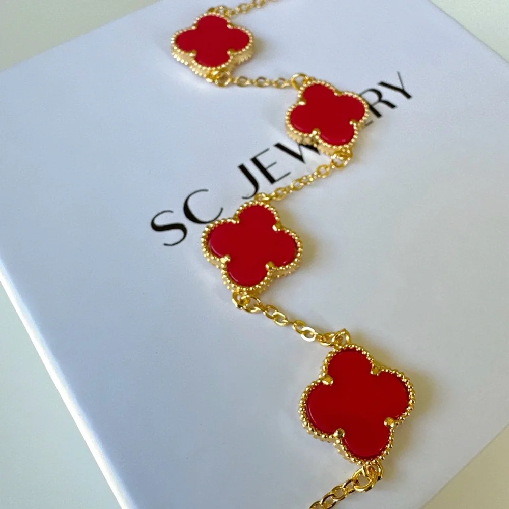 Clover Bracelet Double Sided Pomegranate Blossom Onyx Stone & Gold Jewelry